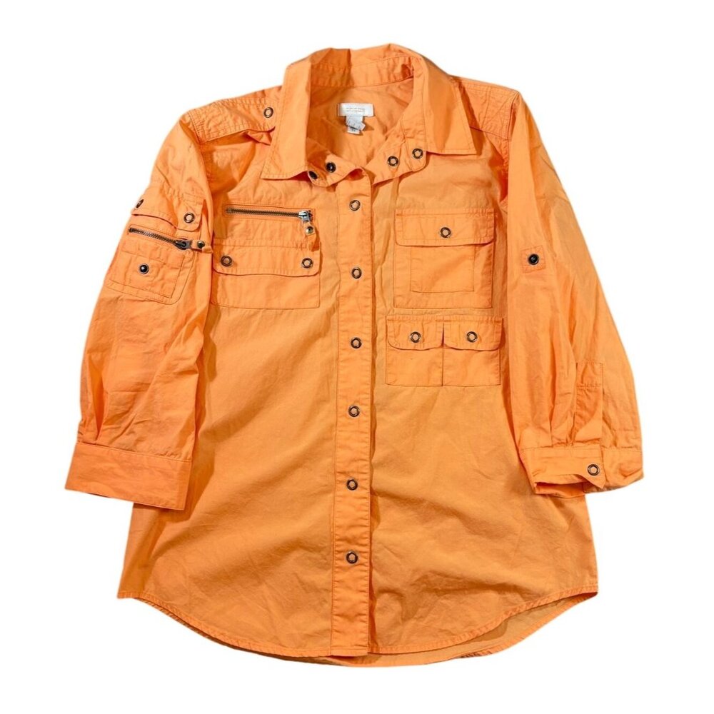 Chicos Womens Button-Up Orange Utility Shirt With Pockets & Zipper Accents - 0